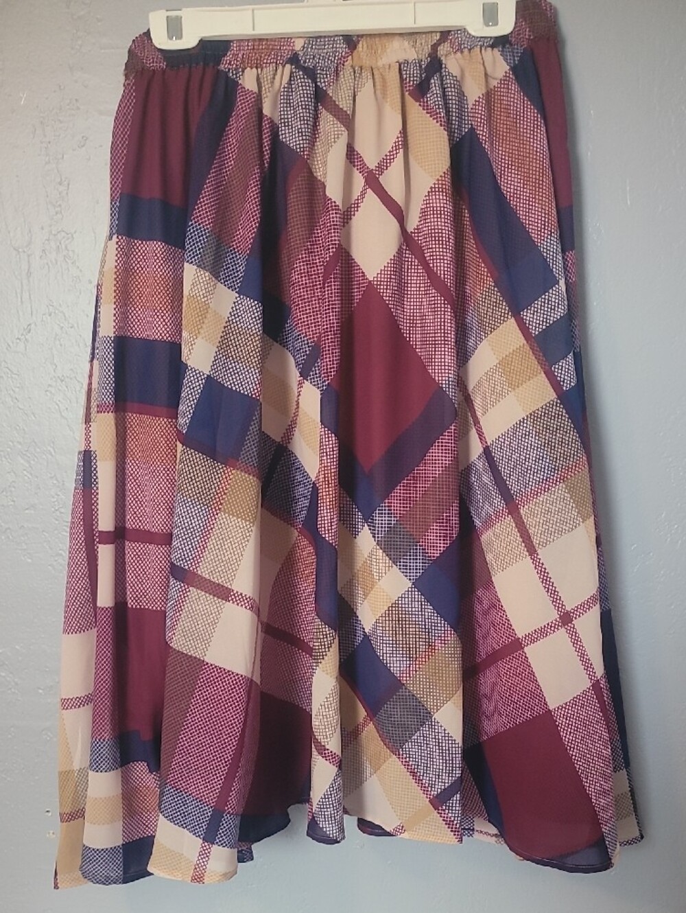 Plaid Circle Skirt with Tie Waist - Navy, Burgundy & Cream - Picture 4 of 4
